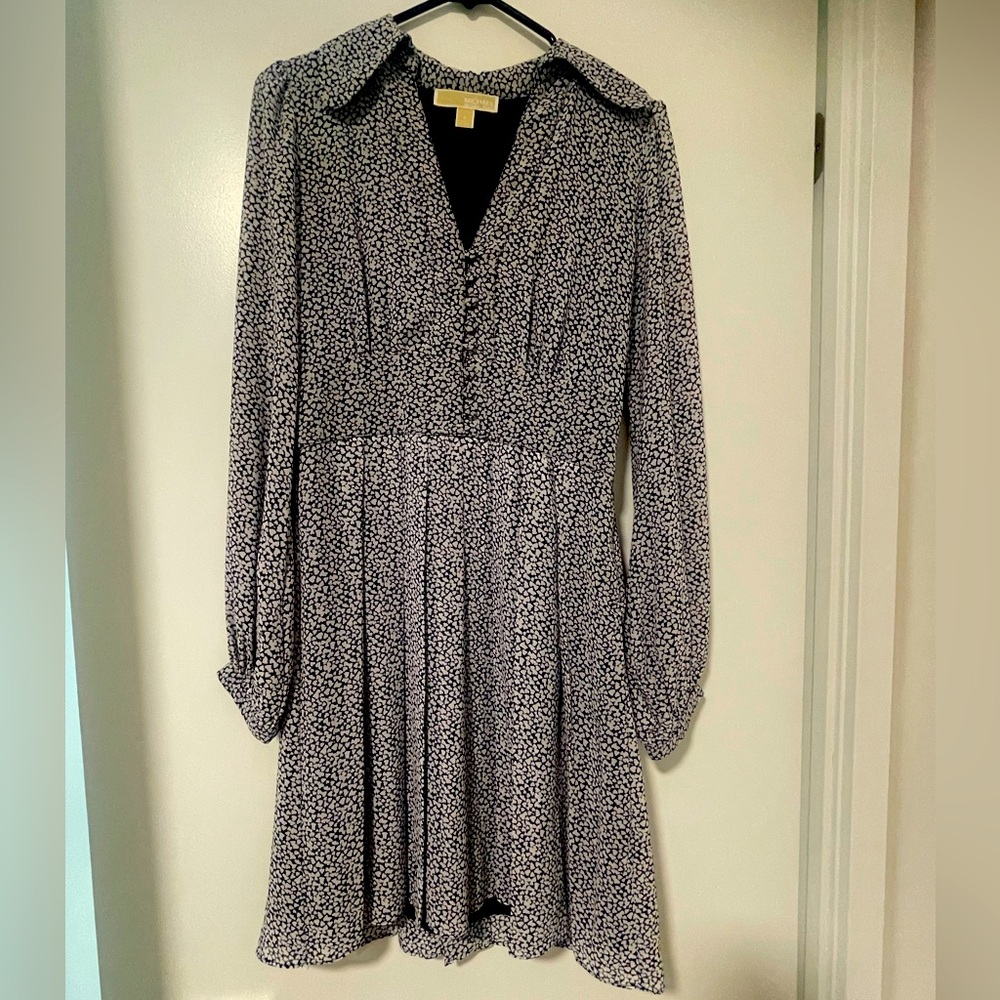 Michael Kors navy and white chiffon dress with box pleated skirt
